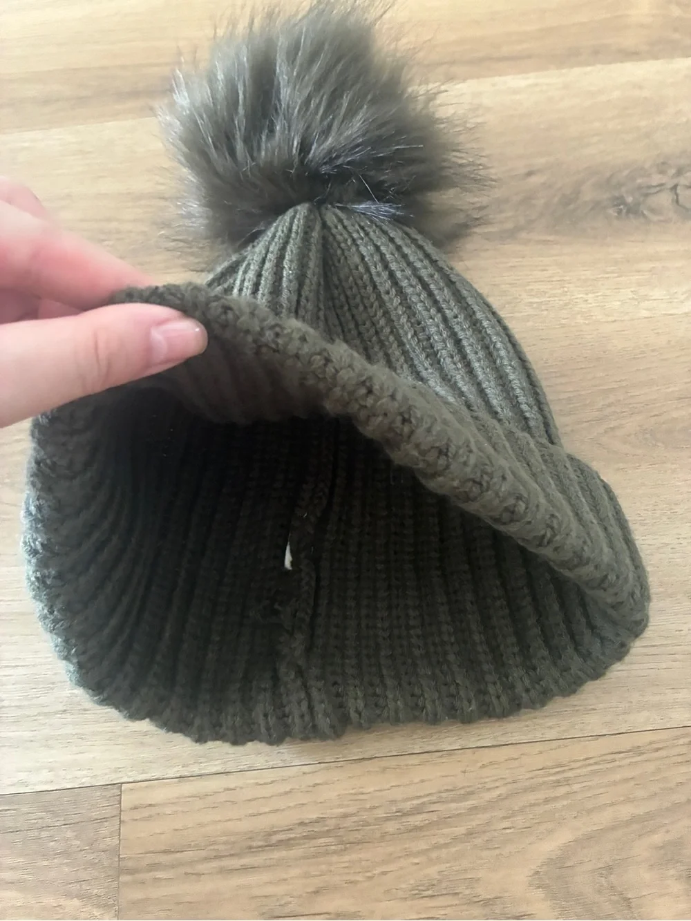 Olive Green Ribbed Knit Pom Pom Beanie Faux Fur Winter Hat One Size
